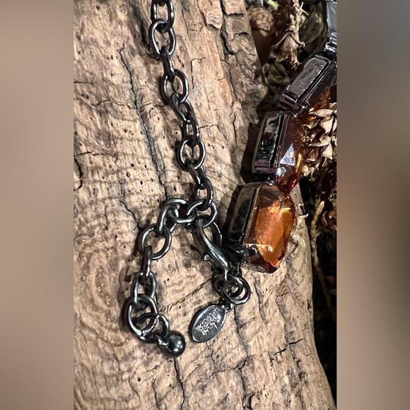 Joan Rivers Necklace Amber Jewelled Necklace Gun Metal Chain Lucite Acrylic - Picture 4 of 7